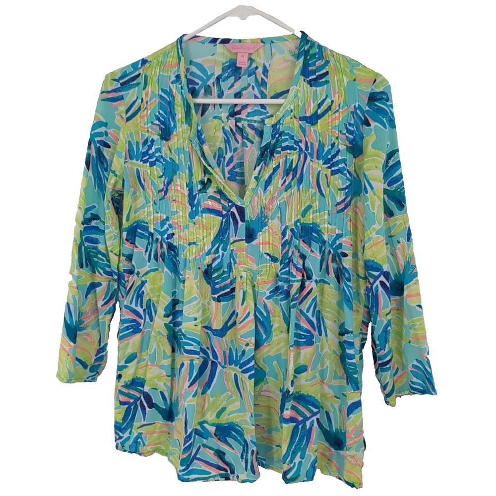 Lilly Pulitzer Elsa Top XS Tropical Palm Leaf Print Blue Green Rayon Blouse